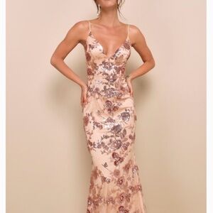Lulu's Blush Pink Sequin Floral Prom Gown, sz 4